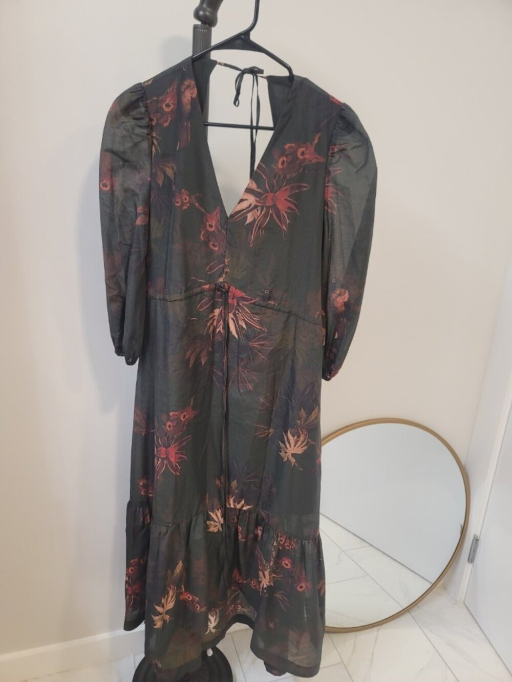 All Saints Rosi Nila Dark Khaki Green Tiered V-neck Midi Dress Size 4 US New - Picture 2 of 9